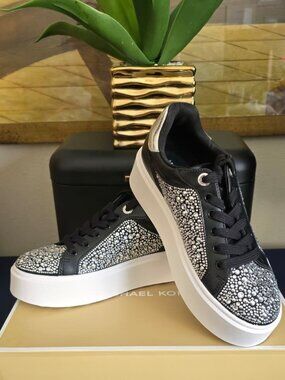 Michael Kors Black Rhinestone Sneakers Women Platform Shoes MK Sparkle